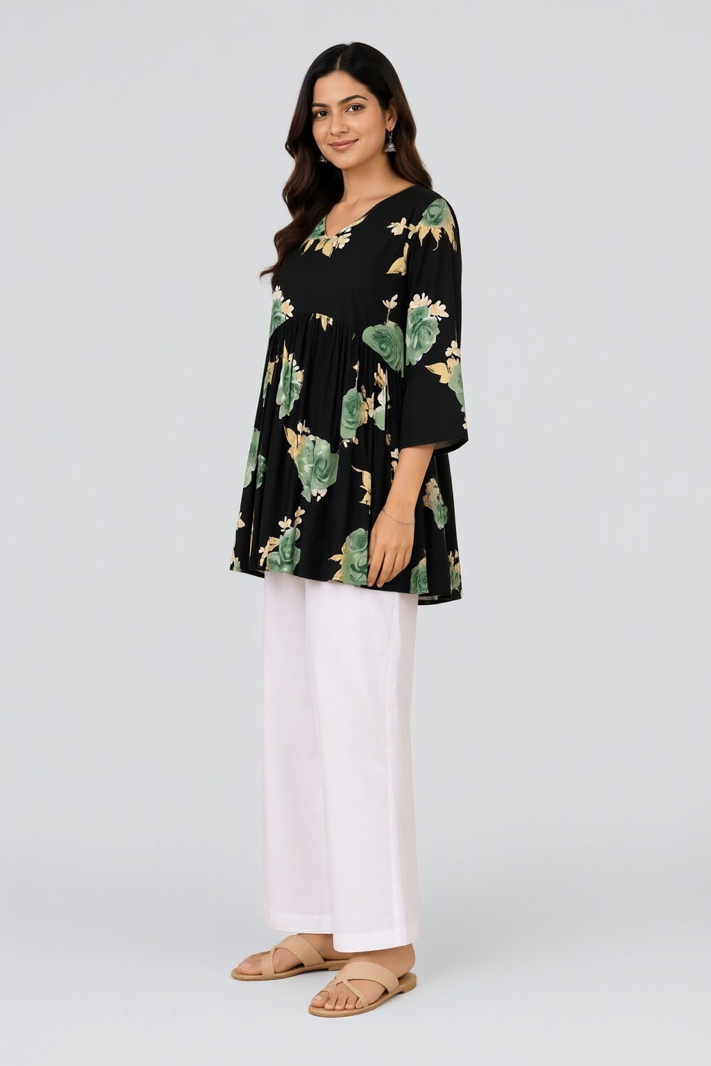 Women's Cotton Flared Short Top Black – Green Floral Print — view 2
