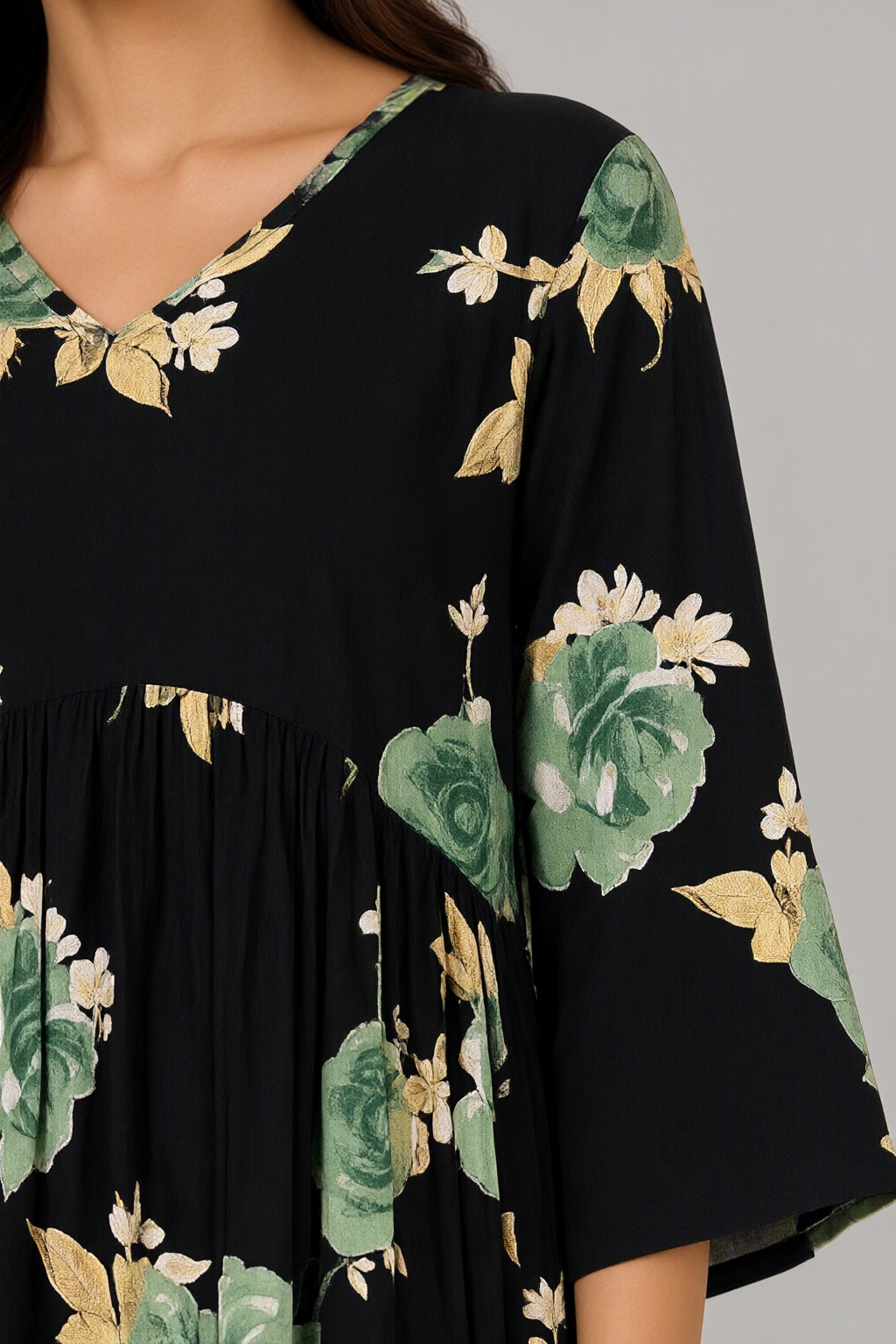 Women's Cotton Flared Short Top Black – Green Floral Print — view 3