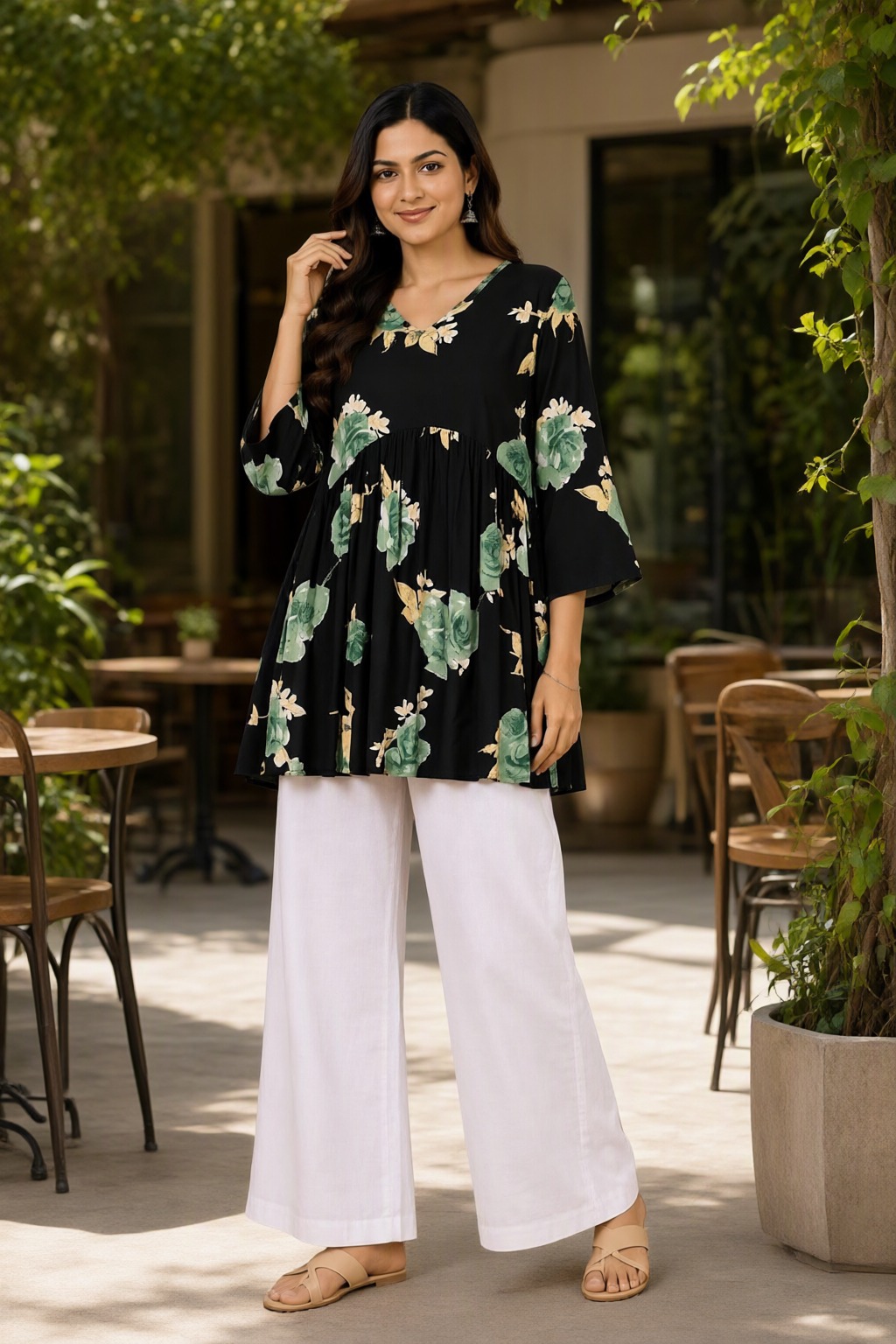 Women's Cotton Flared Short Top Black – Green Floral Print — view 4