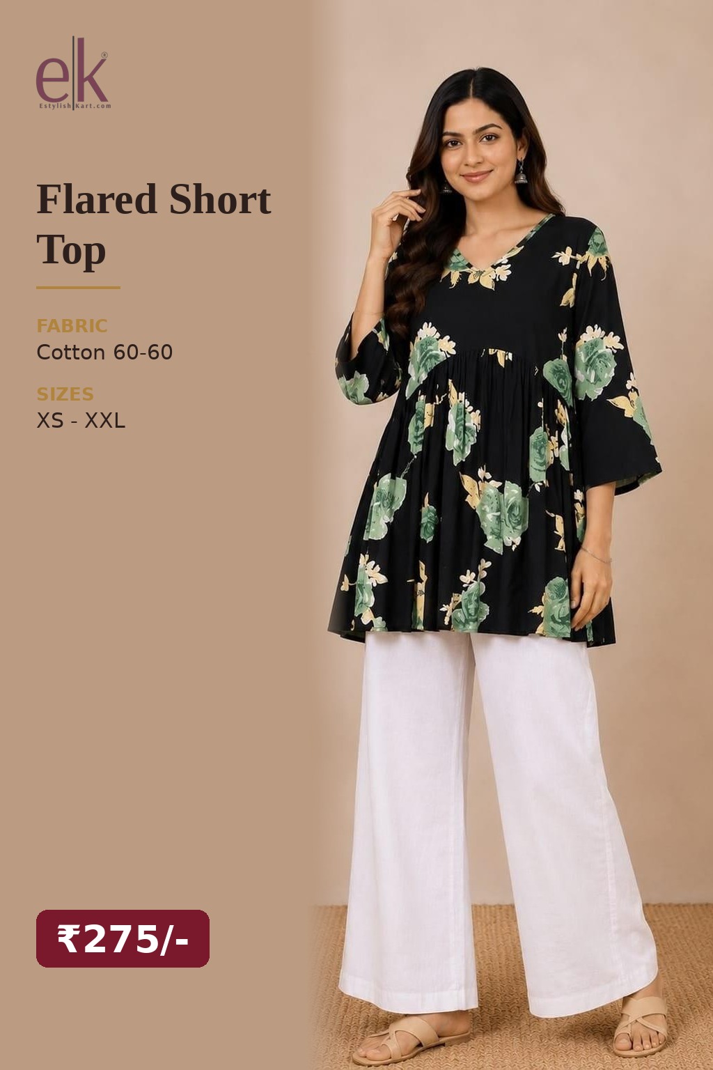 Women's Cotton Flared Short Top Black – Green Floral Print — view 5