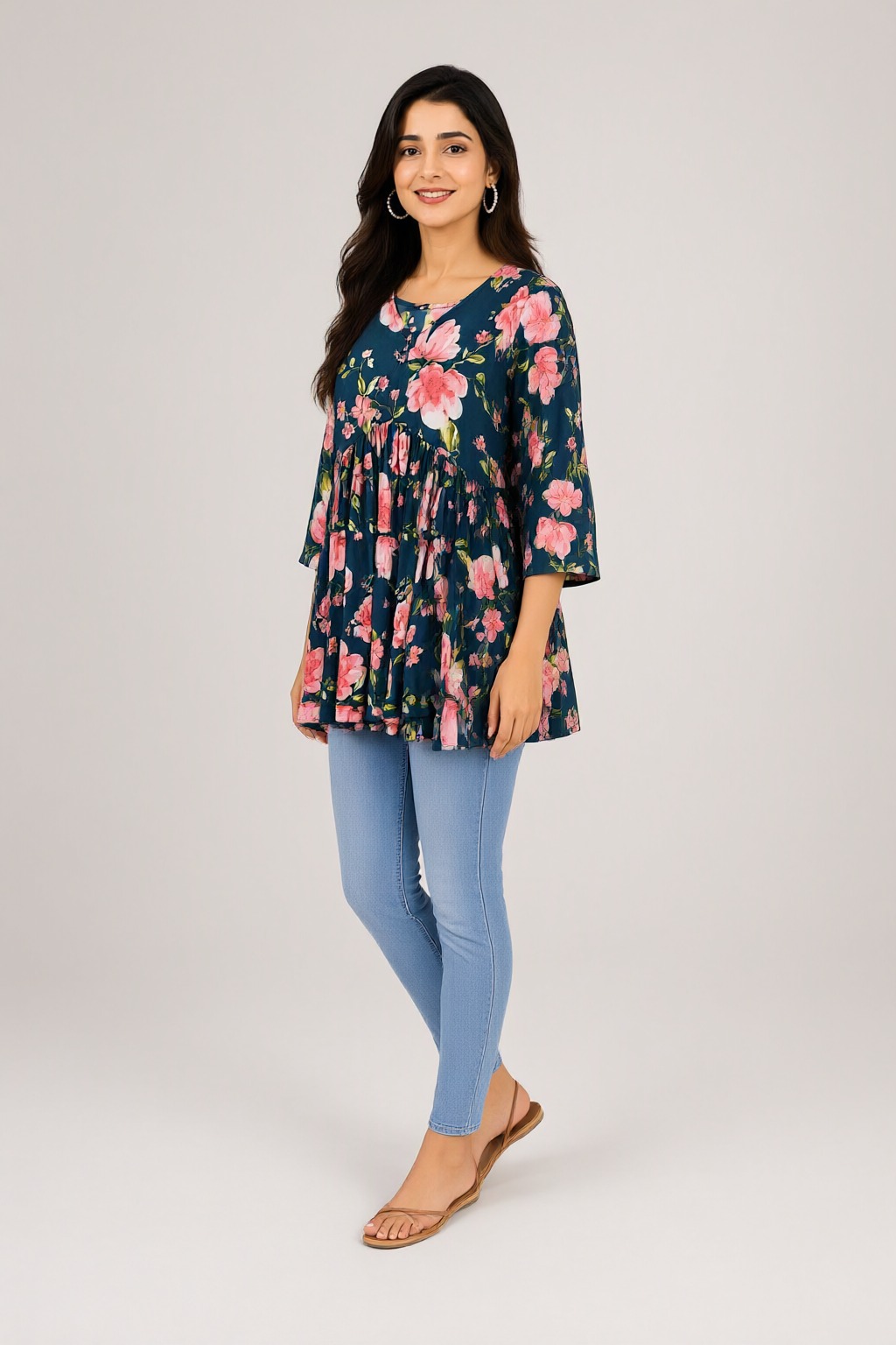 Women's Cotton Flared Short Top Dark Teal – Floral Print — view 2