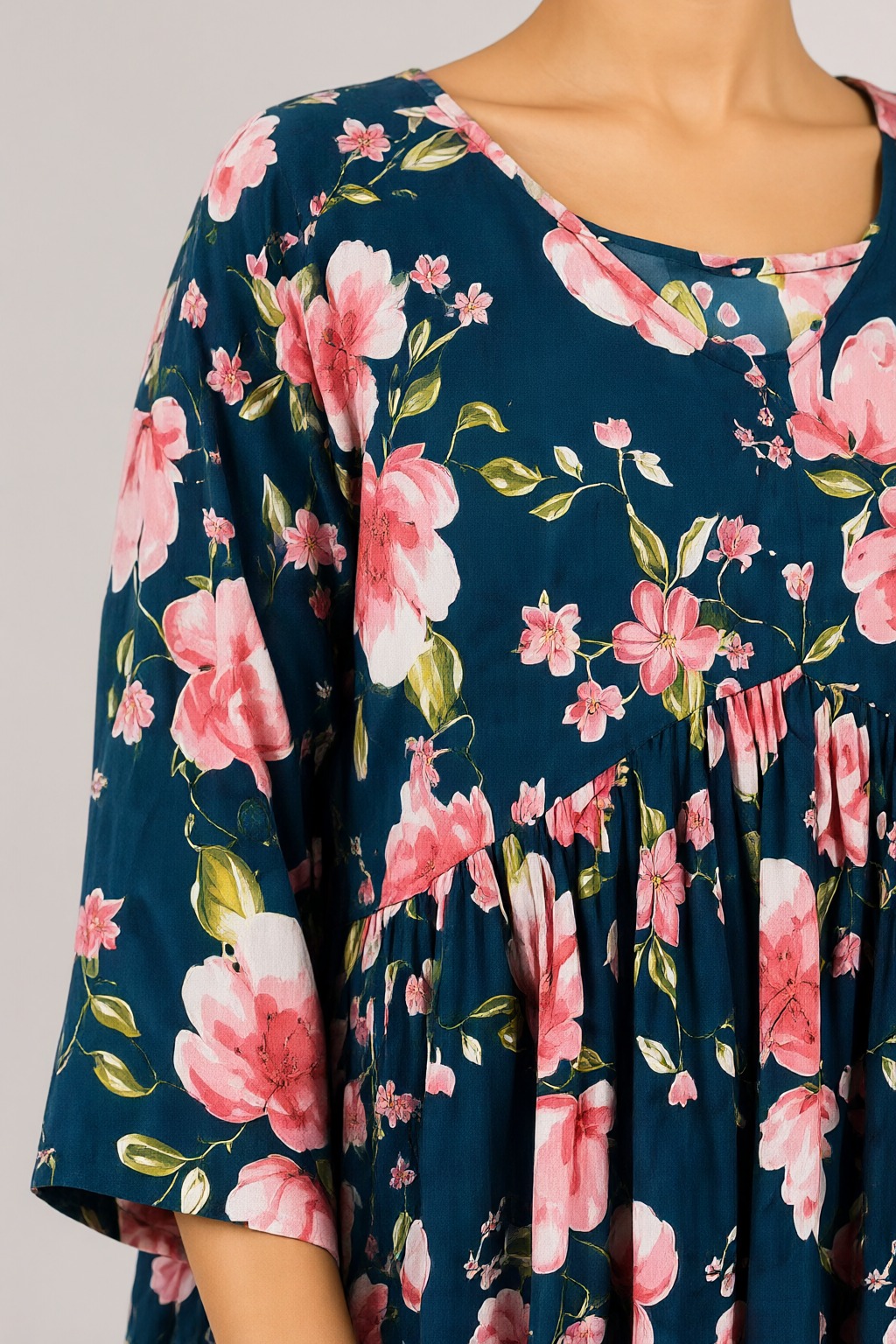 Women's Cotton Flared Short Top Dark Teal – Floral Print — view 3