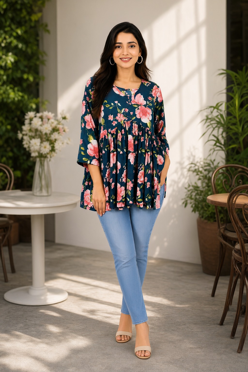 Women's Cotton Flared Short Top Dark Teal – Floral Print — view 4