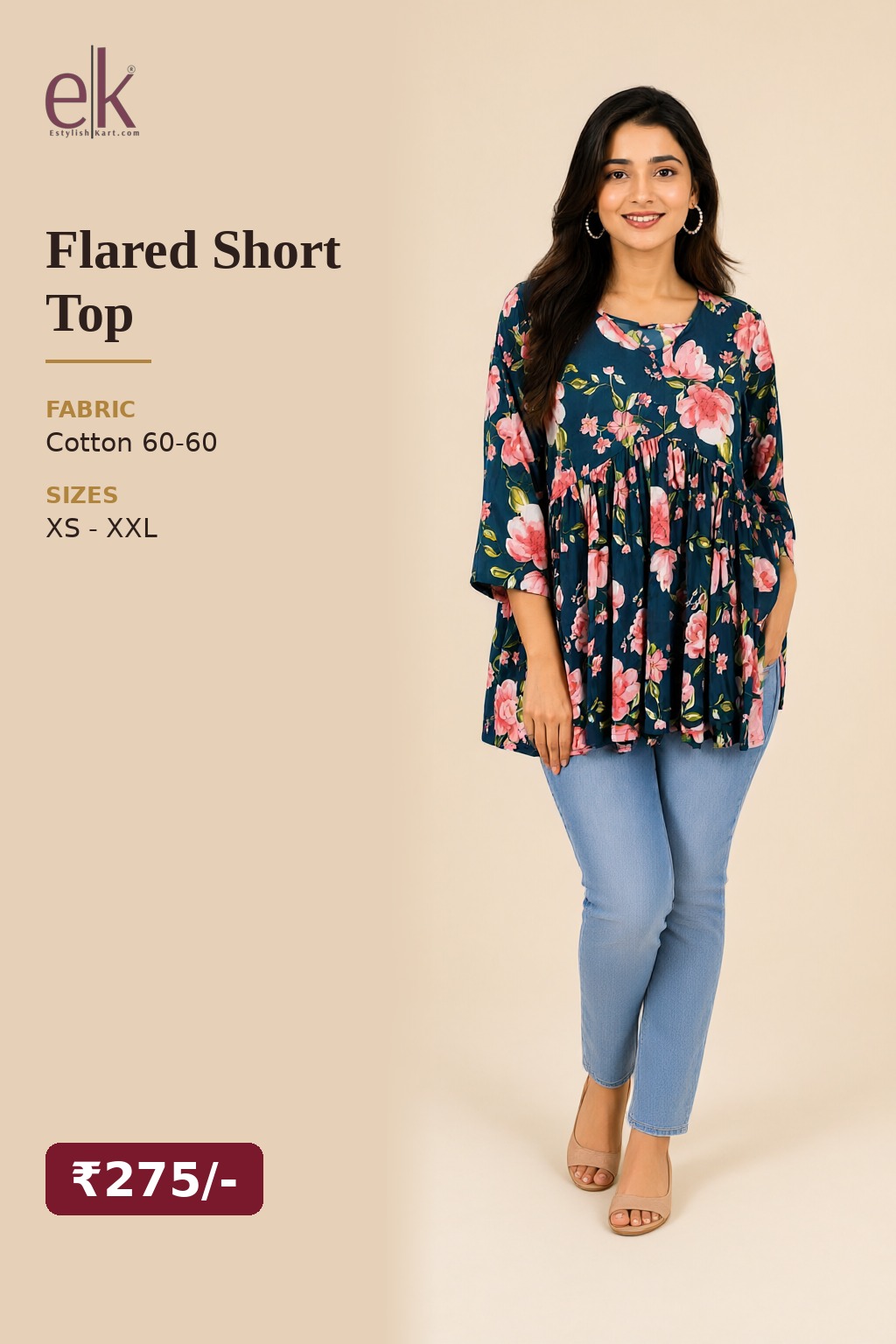 Women's Cotton Flared Short Top Dark Teal – Floral Print — view 5