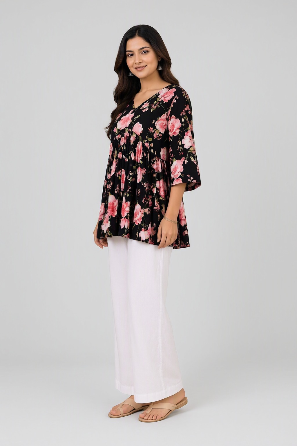 Women's Cotton Flared Short Top Black – Pink Floral Print — view 2