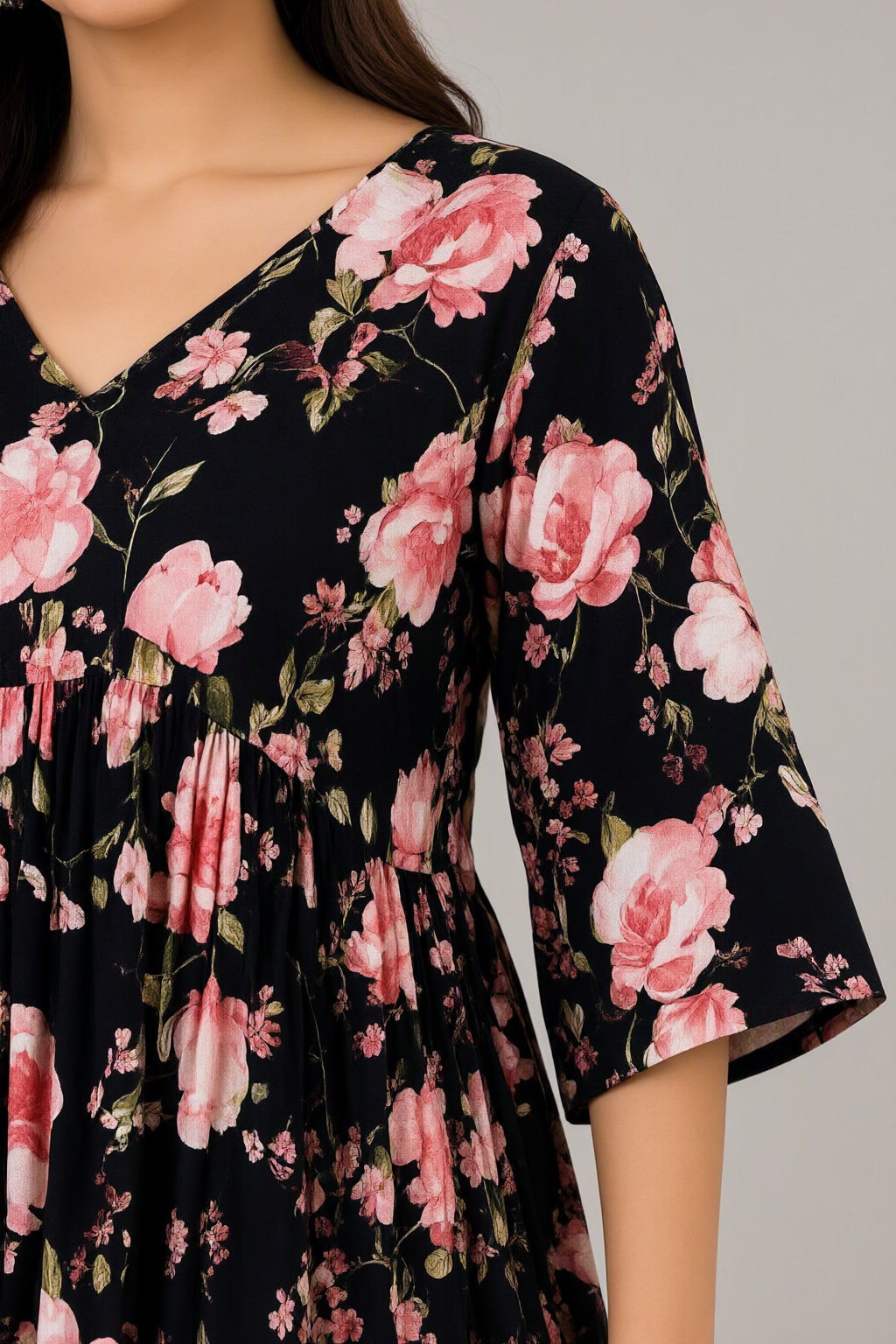 Women's Cotton Flared Short Top Black – Pink Floral Print — view 3
