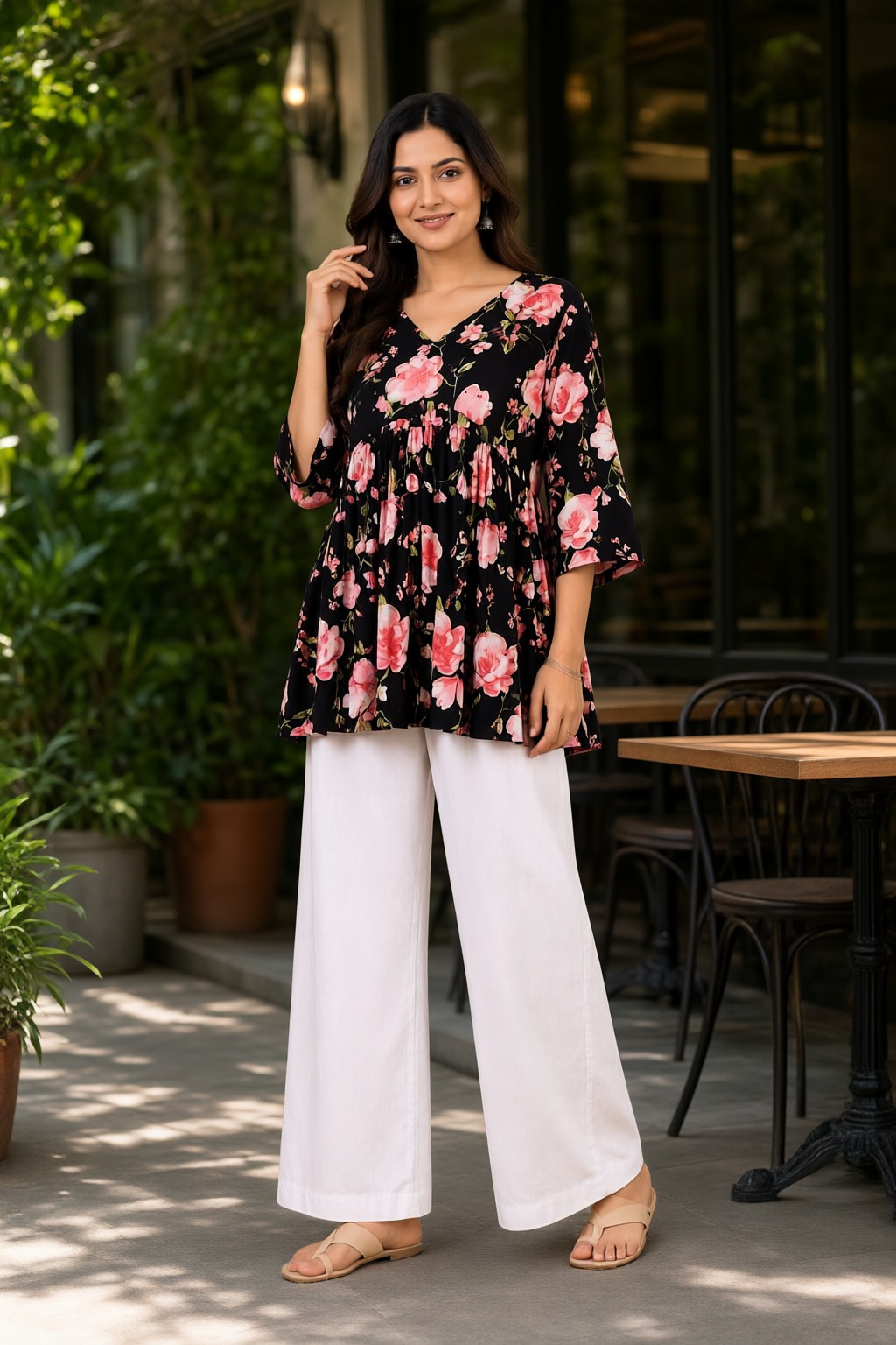 Women's Cotton Flared Short Top Black – Pink Floral Print — view 4