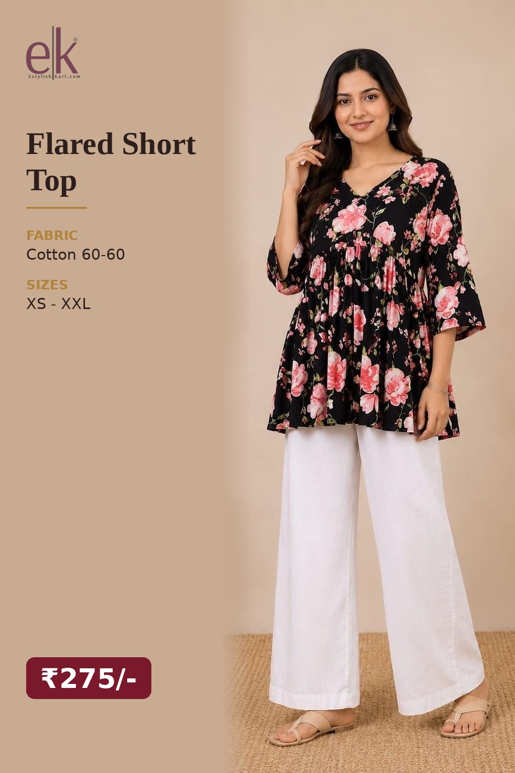 Women's Cotton Flared Short Top Black – Pink Floral Print — view 5