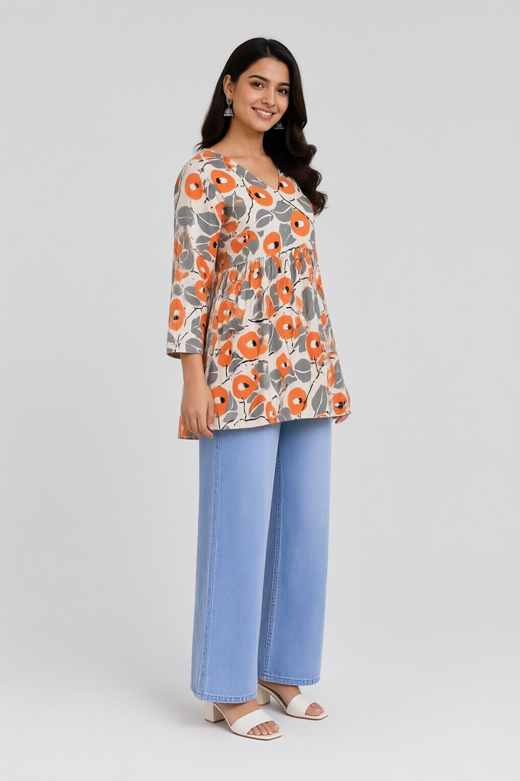 Women's Cotton Flared Short Top Off-White – Orange Floral Print — view 2