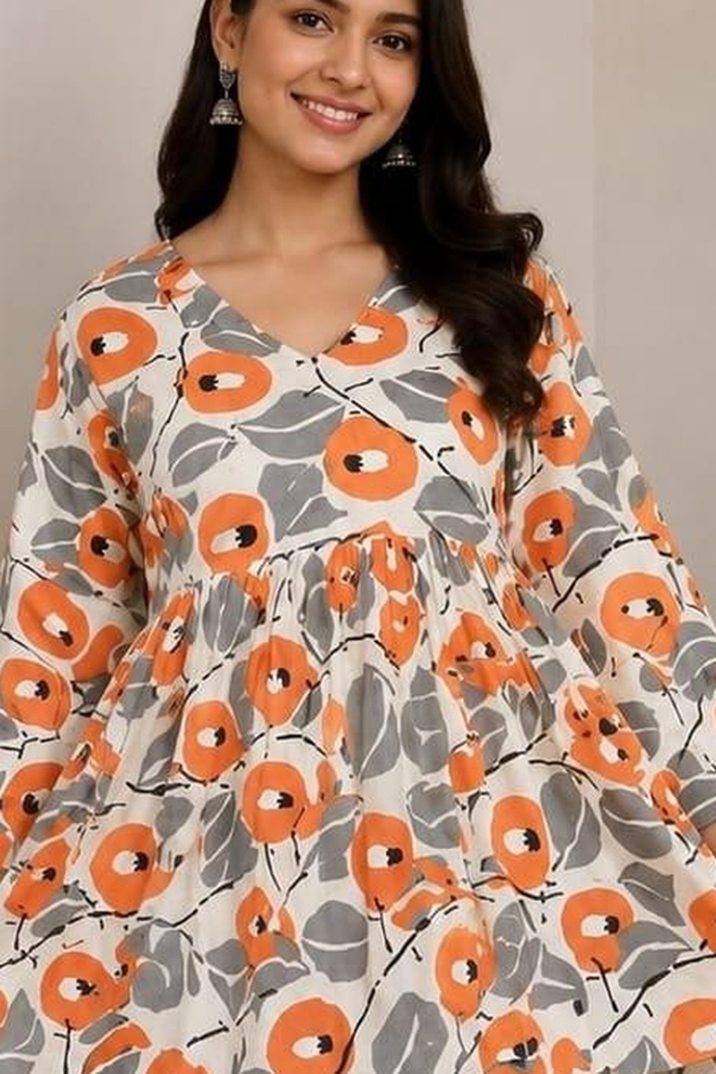 Women's Cotton Flared Short Top Off-White – Orange Floral Print — view 3