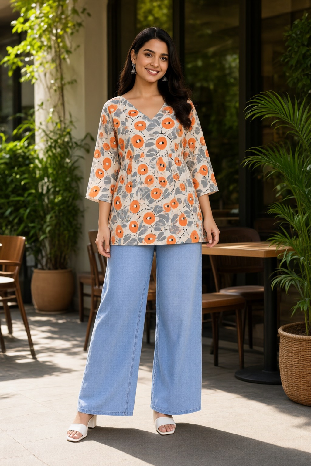 Women's Cotton Flared Short Top Off-White – Orange Floral Print — view 4