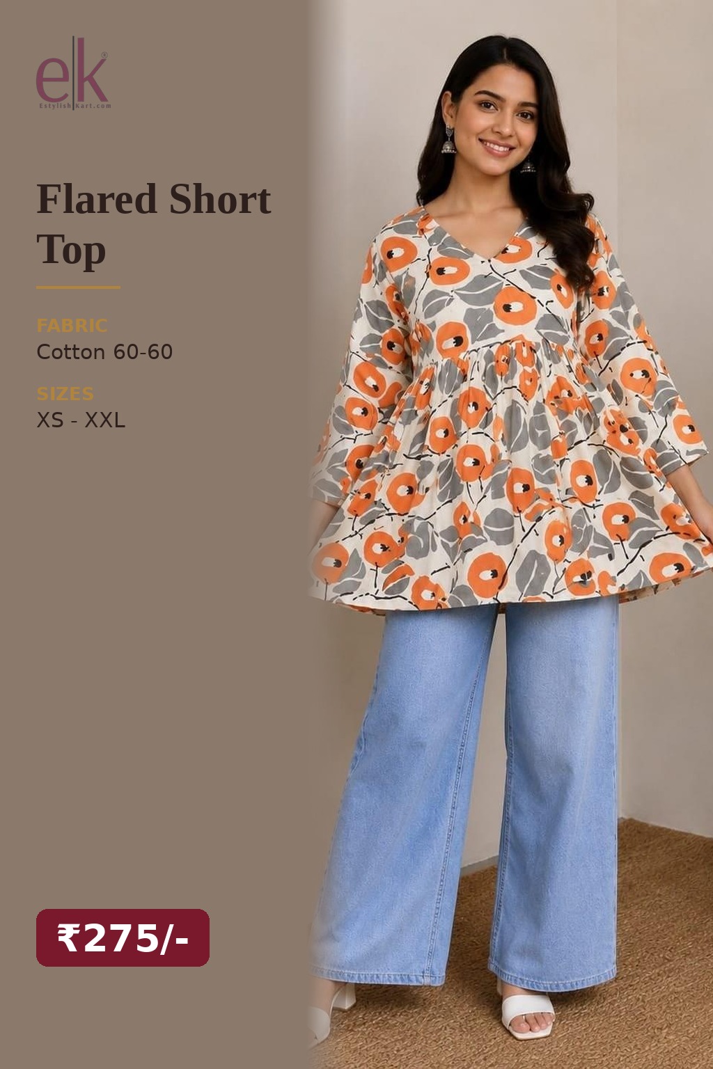 Women's Cotton Flared Short Top Off-White – Orange Floral Print — view 5