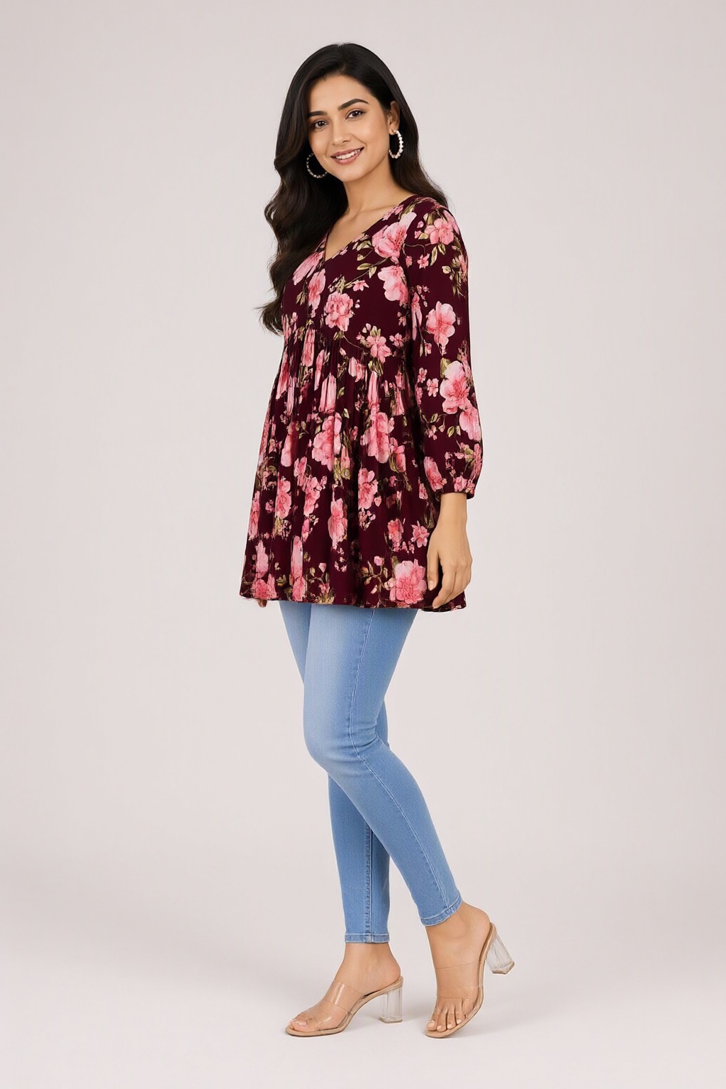 Women's Cotton Flared Short Top Maroon – Floral Print — view 2