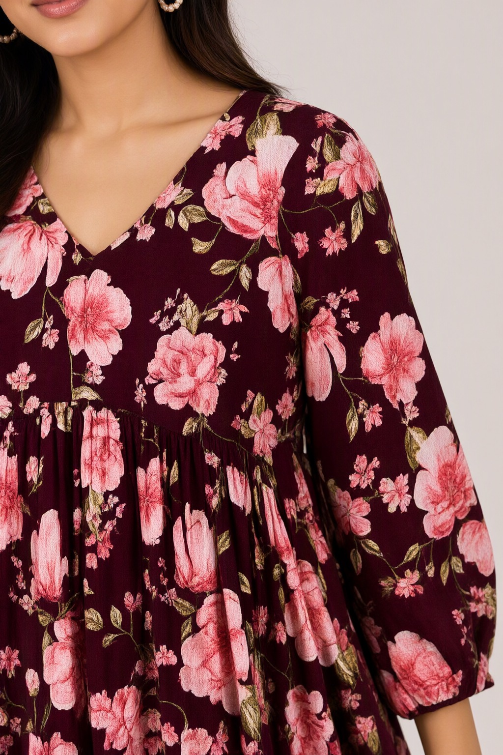 Women's Cotton Flared Short Top Maroon – Floral Print — view 3
