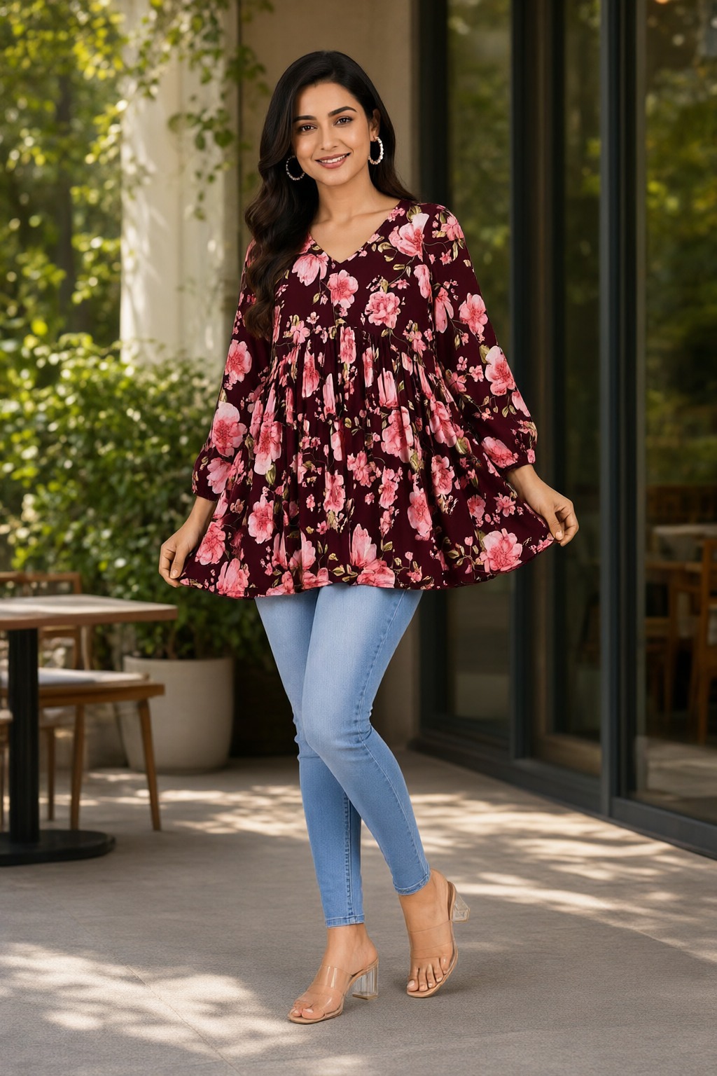 Women's Cotton Flared Short Top Maroon – Floral Print — view 4