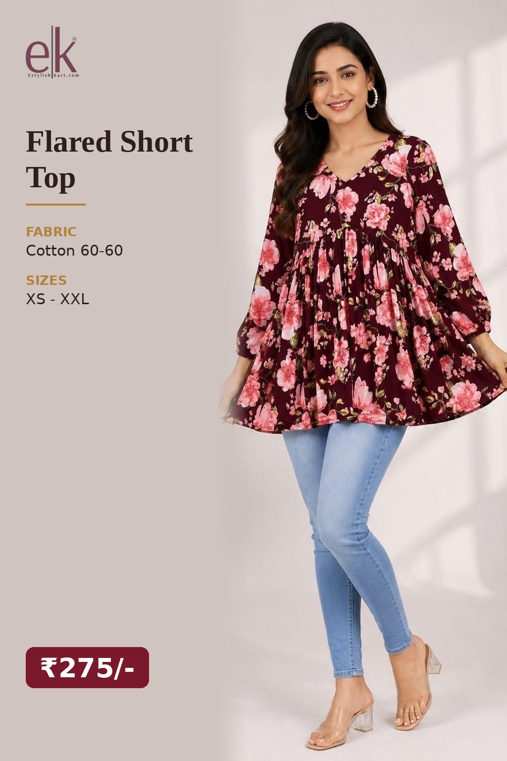 Women's Cotton Flared Short Top Maroon – Floral Print — view 5