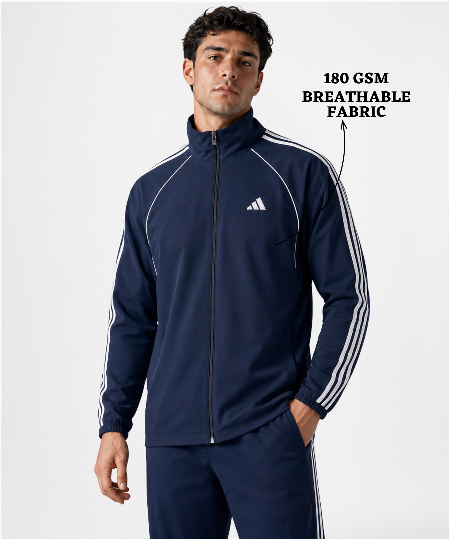 Men's Premium Imported Ns Terry Lycra Jacket with 3 White Strips Design & Piping Detail | Without Inner Lining | 180-190 GSM | Regular Fit — view 5