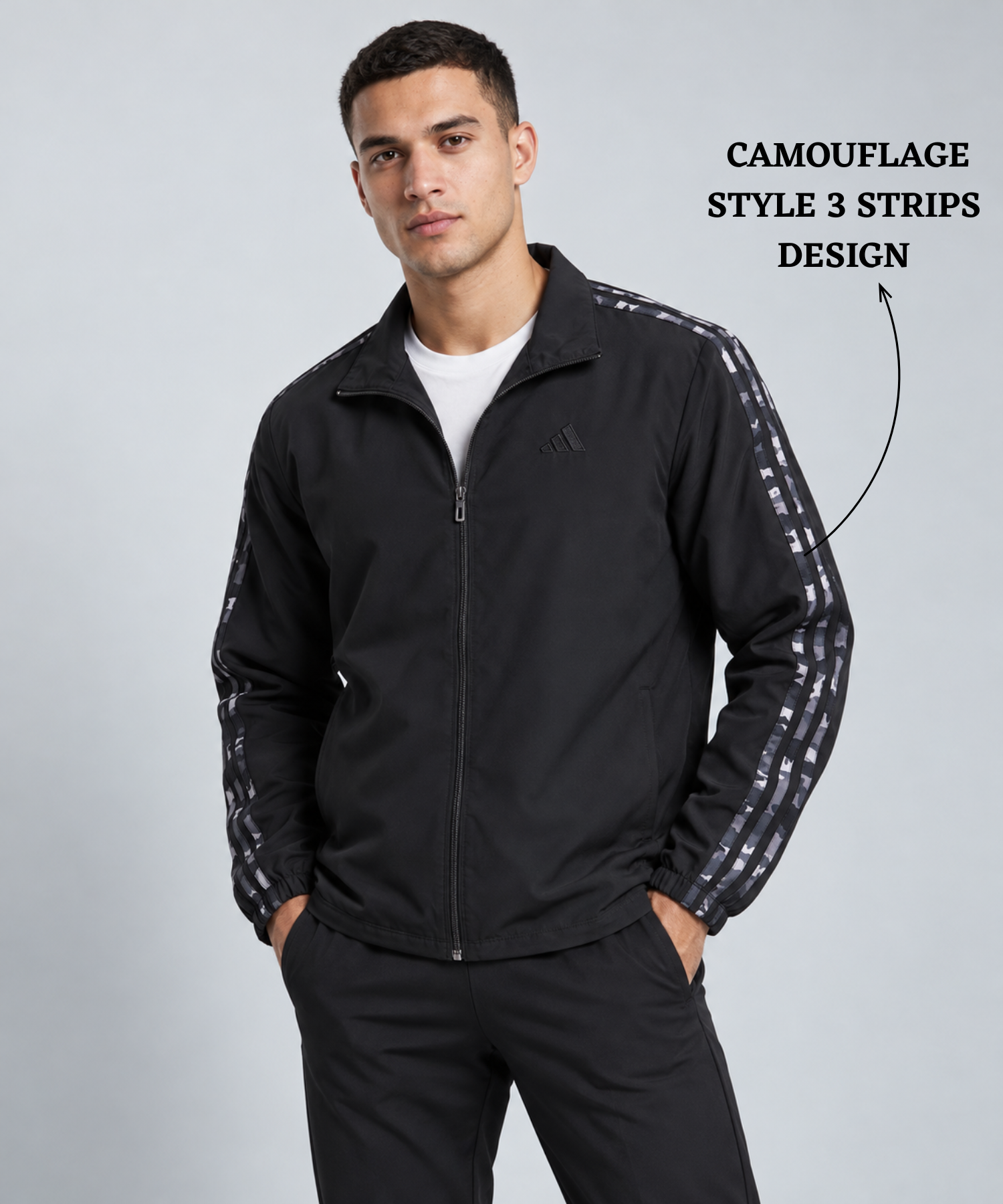 Men's Premium Imported Ns Terry Lycra Sports Jacket with Camouflage Style 3 Strips Design | With Inner Lining | 180-190 GSM | Regular Fit — view 6