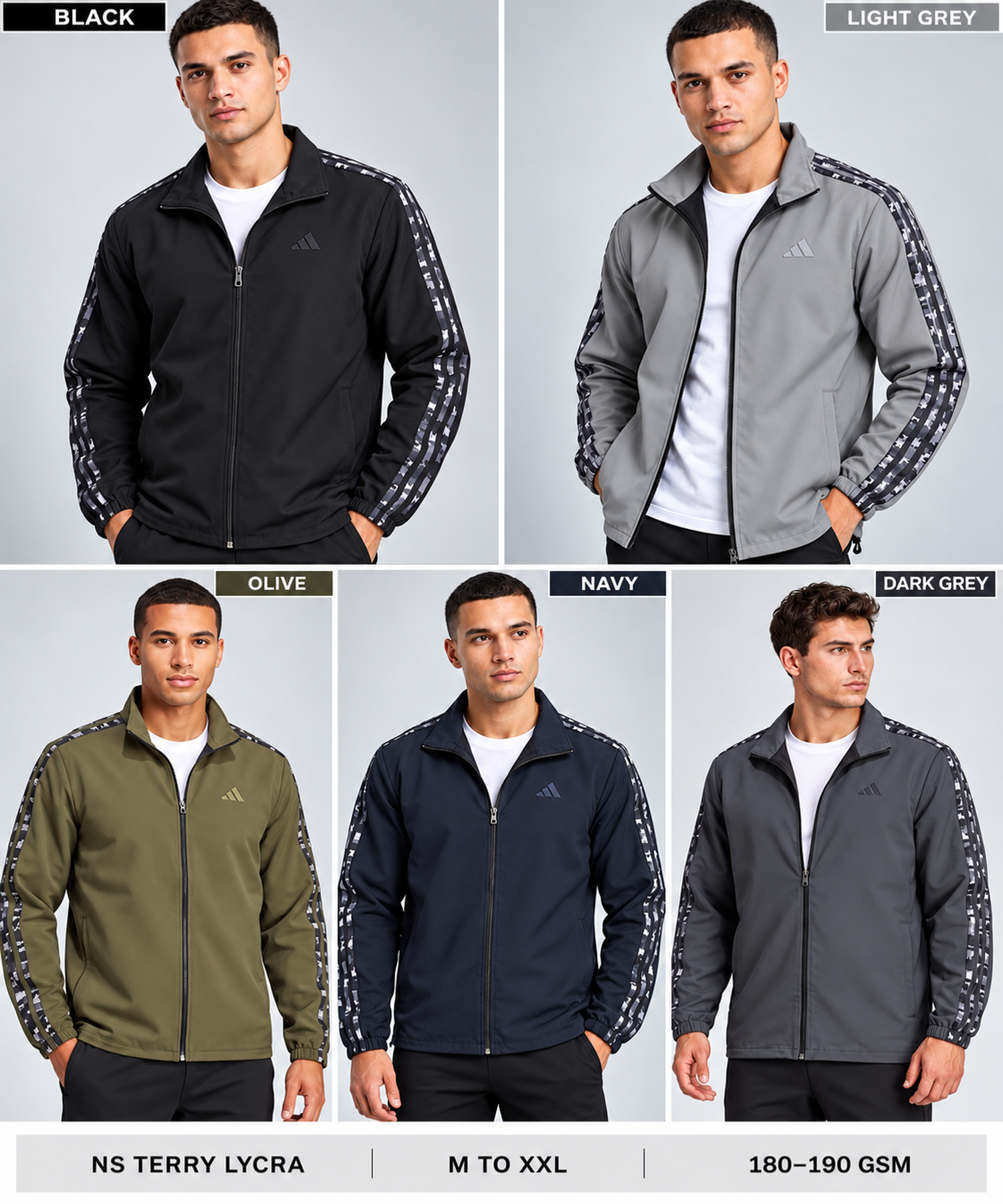 Men's Premium Imported Ns Terry Lycra Sports Jacket with Camouflage Style 3 Strips Design | With Inner Lining | 180-190 GSM | Regular Fit — view 7