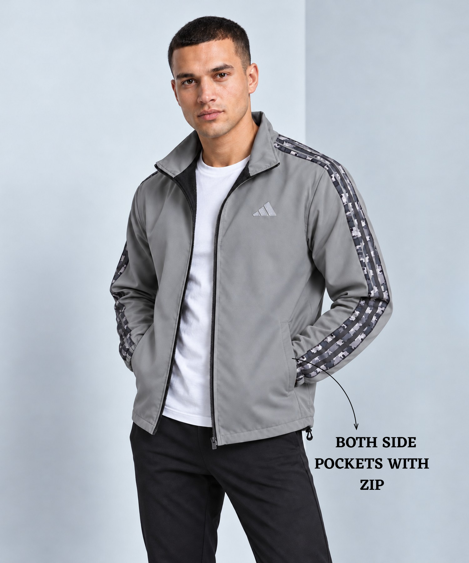 Men's Premium Imported Ns Terry Lycra Sports Jacket with Camouflage Style 3 Strips Design | With Inner Lining | 180-190 GSM | Regular Fit — view 5