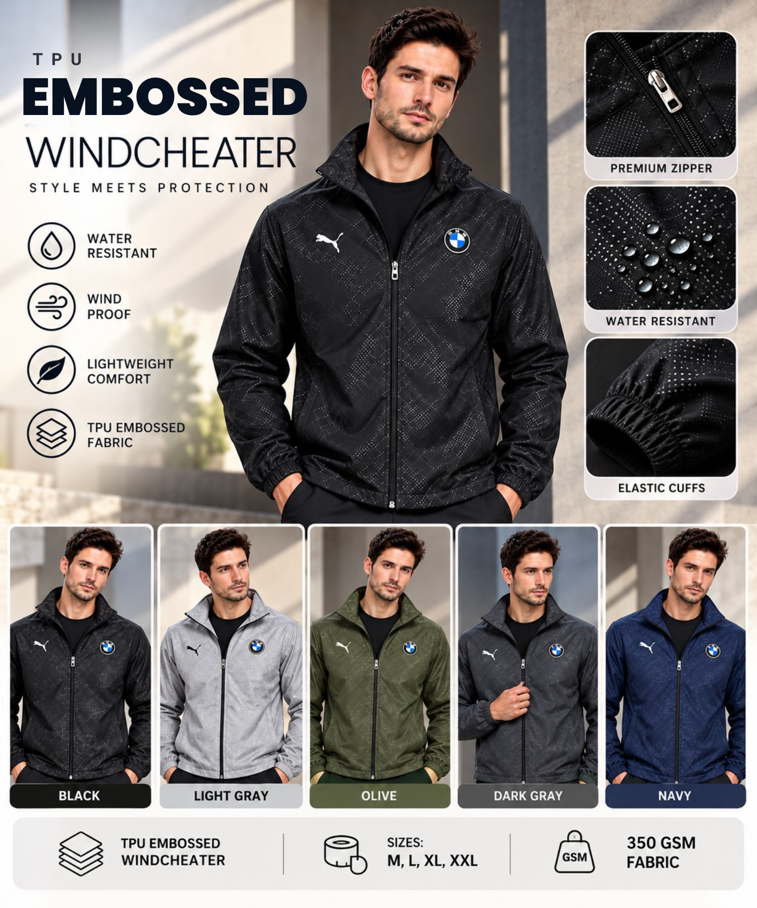 Imported Premium Quality TPU Embossed Windcheater With Inner Lining | Dual Branding Logo | GSM 350 | Regular Fit — view 10