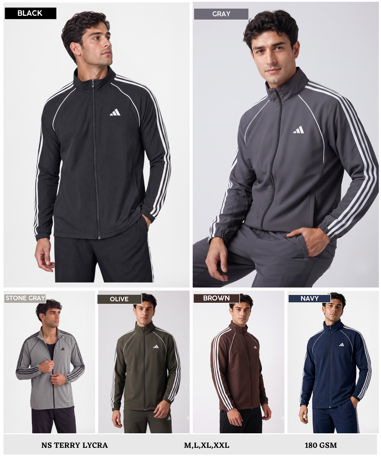 Men's Premium Imported Ns Terry Lycra Jacket with 3 White Strips Design & Piping Detail | Without Inner Lining | 180-190 GSM | Regular Fit — view 11